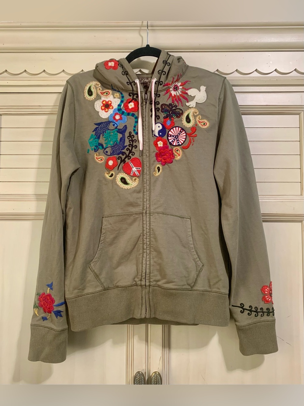 Vintage Lucky Brand Embroidered Zip Up Hoodie Jacket Women’s Size Large